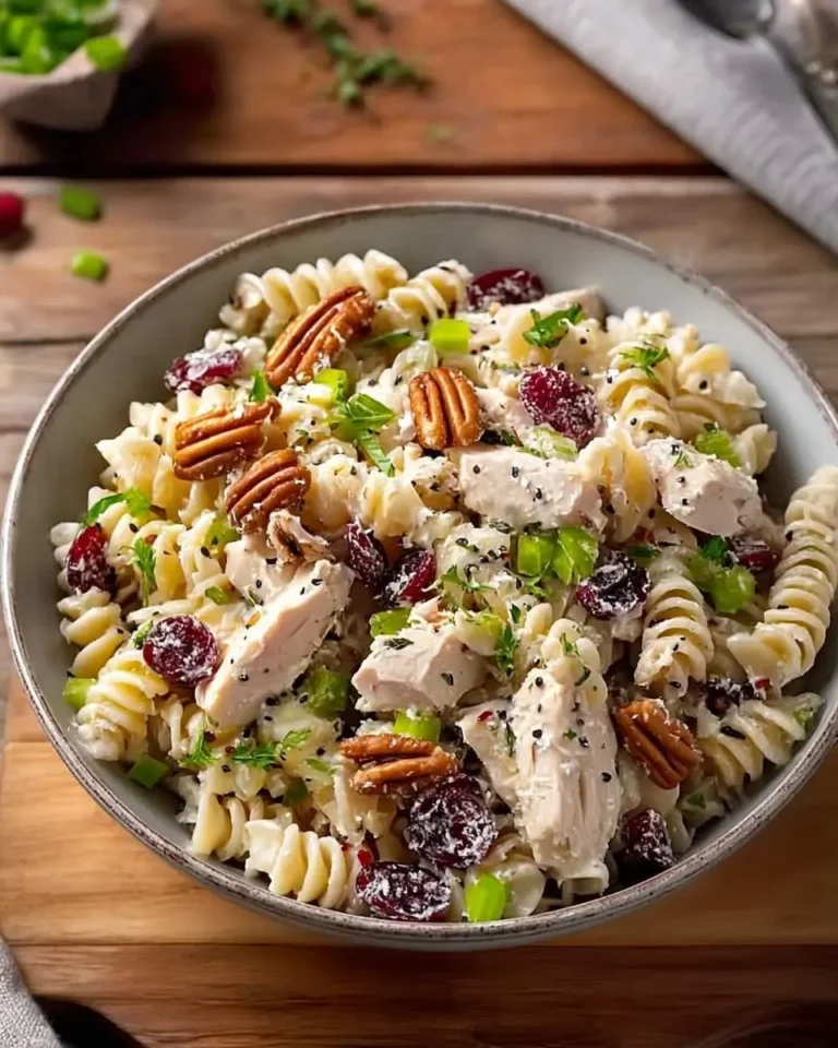 A close-up of a delicious Turkey and Cranberry Pasta Salad in a bowl, featuring rotini pasta, chicken, dried cranberries, pecans, and celery.