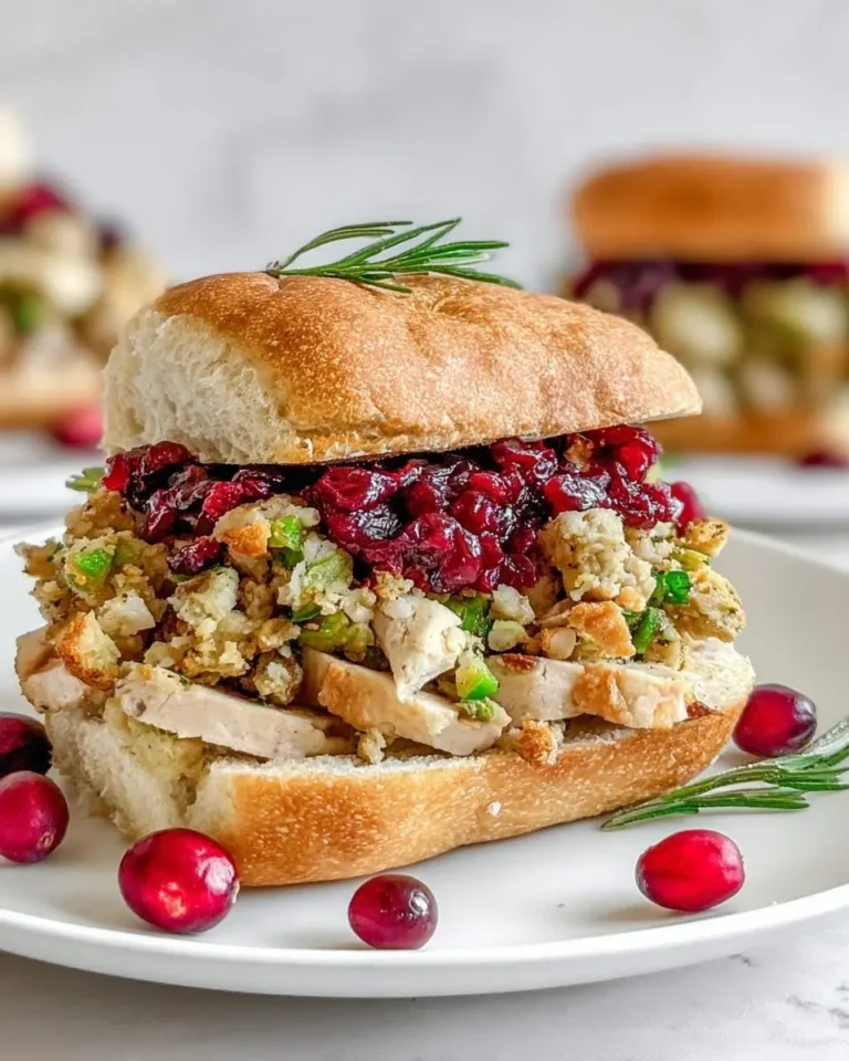 A delicious Turkey Stuffing and Cranberry Sandwich, generously filled and garnished with fresh rosemary and cranberries on a white plate.