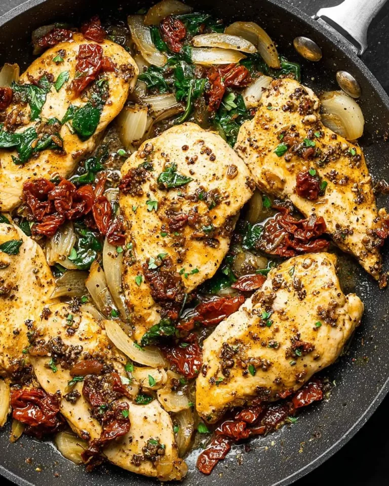 A close-up shot of a Tuscan Chicken Skillet, featuring golden chicken breasts, sun-dried tomatoes, spinach, and onions in a rich sauce.