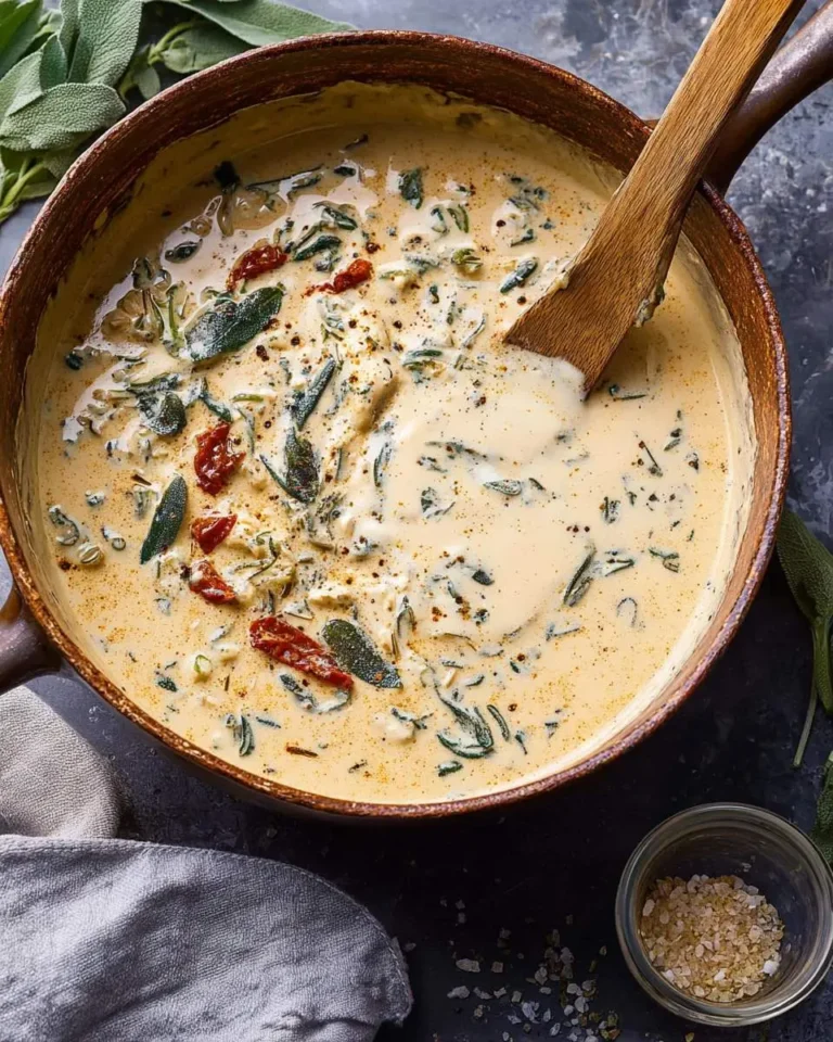 A rustic pan filled with creamy Tuscan Cream Sauce, garnished with fresh sage leaves and sun-dried tomatoes, with a wooden spoon.