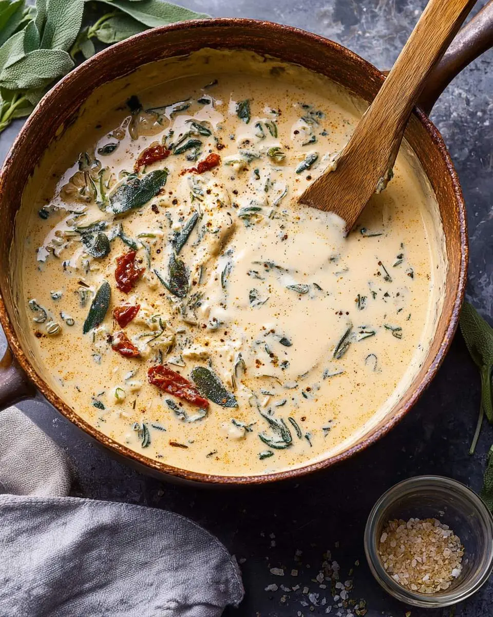 A rustic pan filled with creamy Tuscan Cream Sauce, garnished with fresh sage leaves and sun-dried tomatoes, with a wooden spoon.