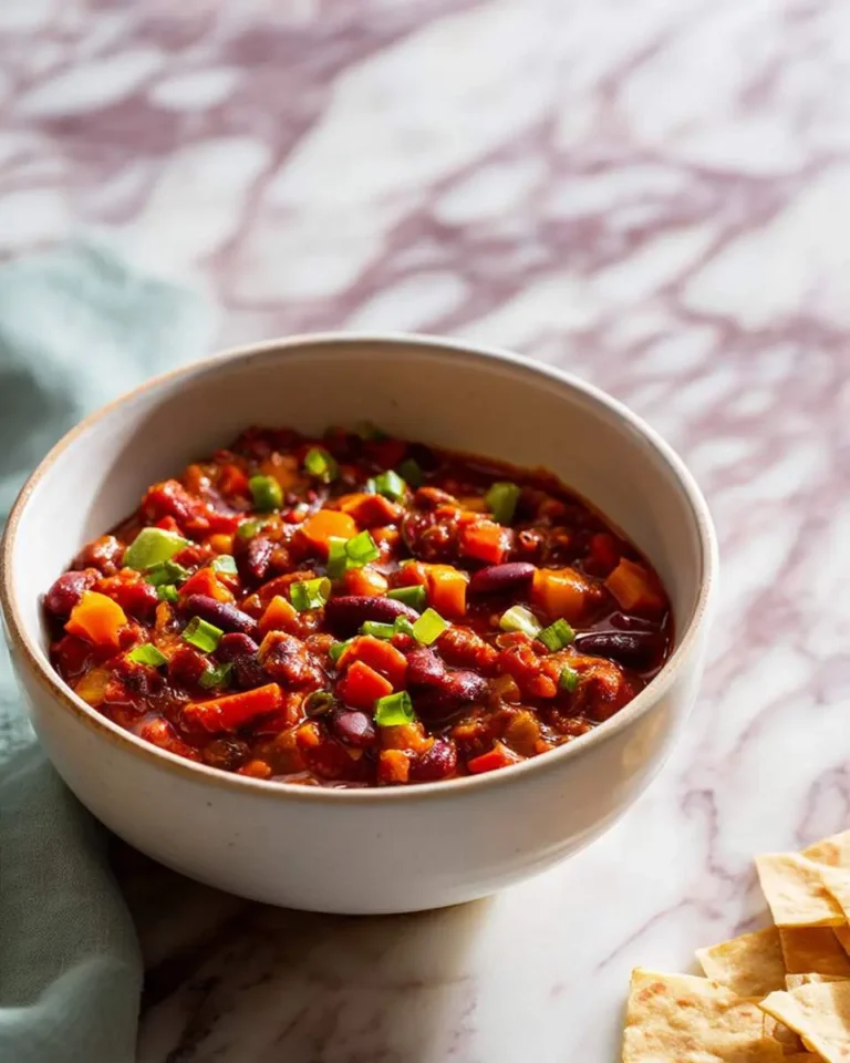 A vibrant bowl of chunky VEGAN CHILI, garnished with fresh green onions, sits on a marble countertop with tortilla chips on the side.