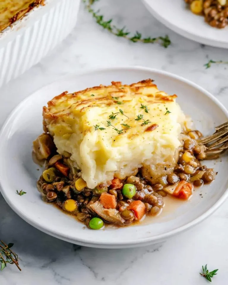 A delicious serving of golden-crusted Vegan Shepherd's Pie with a rich lentil and vegetable base, garnished with fresh thyme on a white plate.