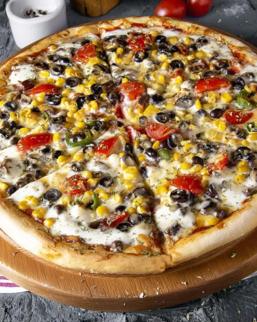 A delicious Vegetarian Black Bean Pizza, generously topped with black beans, corn, fresh tomatoes, and melted white cheese, served on a wooden board.