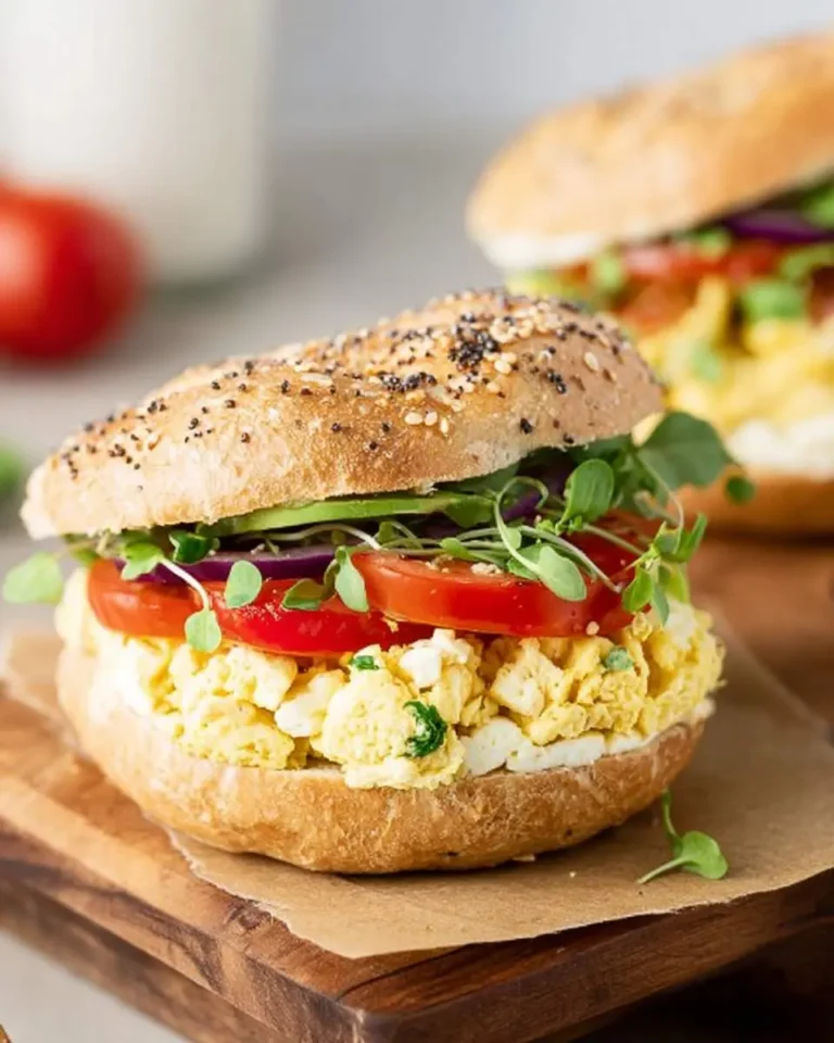 Veggie Breakfast Sandwich on a seeded bagel with scrambled eggs, tomato, avocado, red onion, and microgreens.