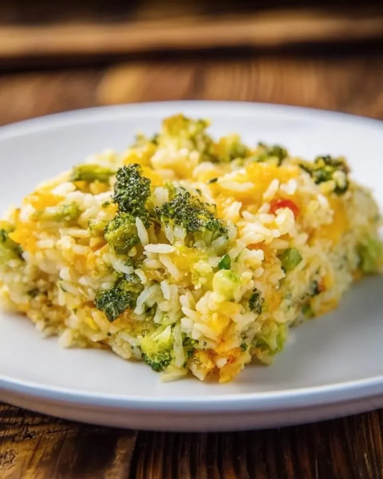 A comforting slice of Velveeta Broccoli Rice Casserole on a white plate, showcasing fluffy rice, tender broccoli, and melted cheese.