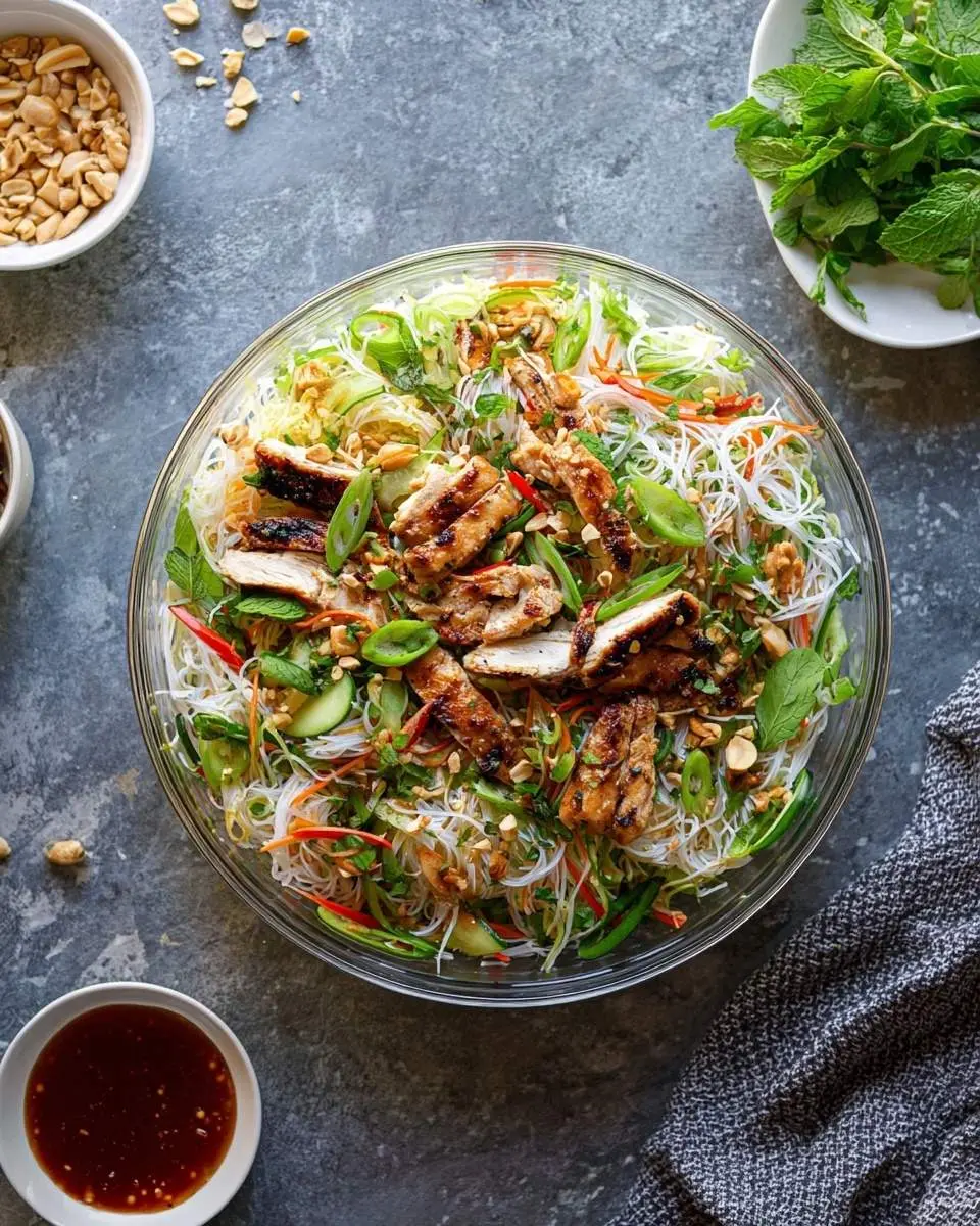 An overhead shot of a vibrant Vietnamese Noodle Salad with Grilled Chicken, fresh herbs, and peanuts in a glass bowl.