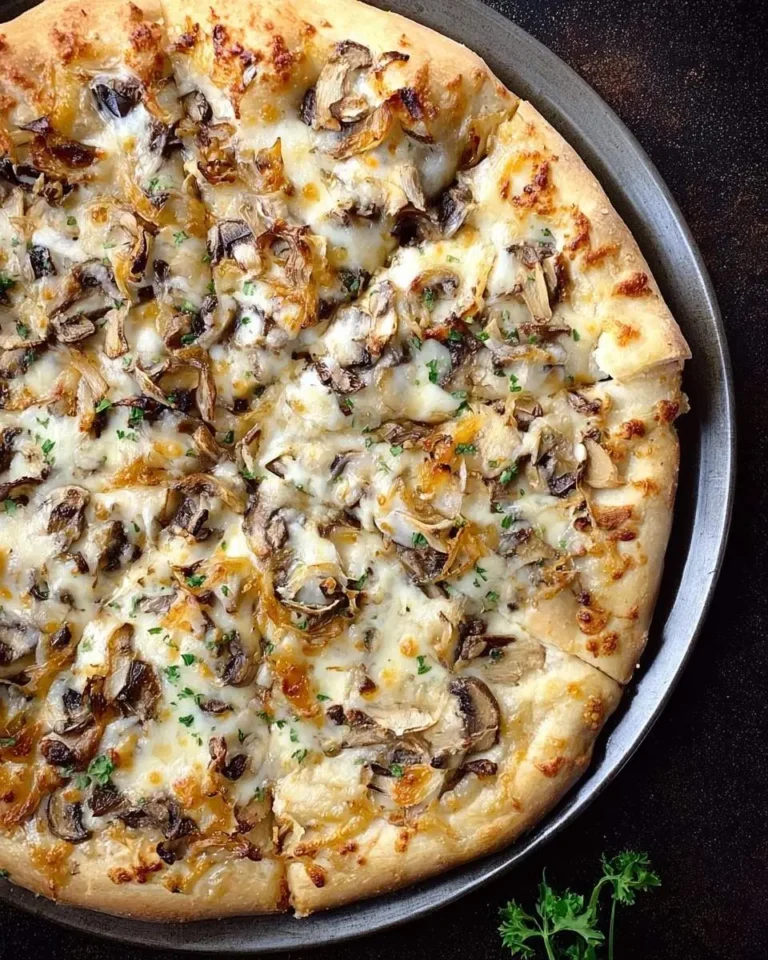 A whole, freshly baked WHITE MUSHROOM PIZZA topped with melted cheese, caramelized onions, and chopped parsley on a metal pan.