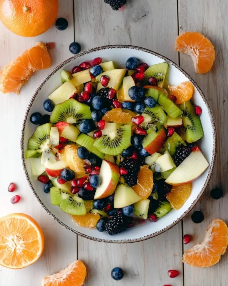 A colorful bowl of fresh Winter Fruit Salad with kiwi, blueberries, apple, orange, and pomegranate on a rustic wooden table.