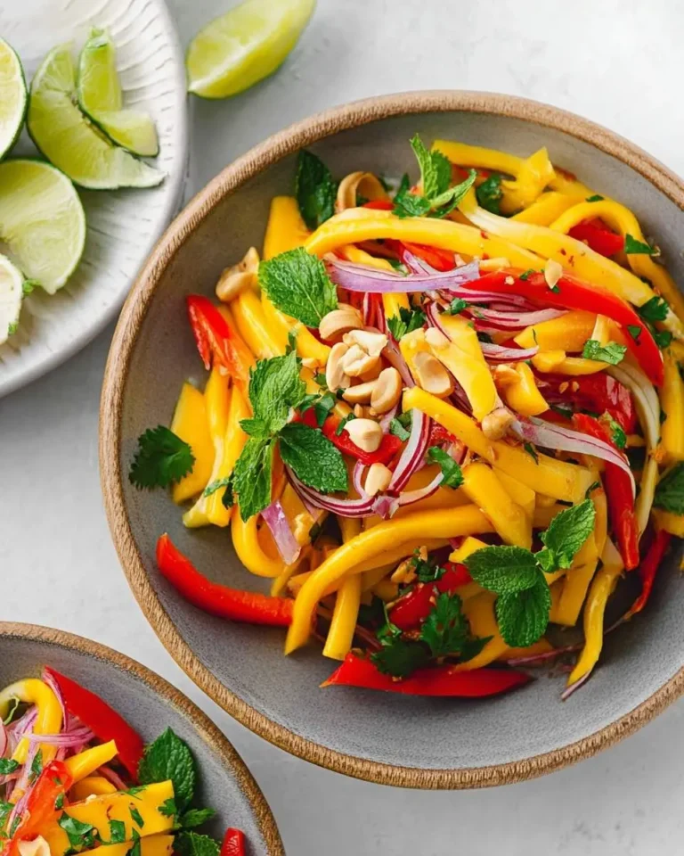 A vibrant Zesty Thai Mango Salad in a grey bowl, featuring fresh mango, red bell peppers, red onion, mint, and cashews, with limes on a plate in the background.