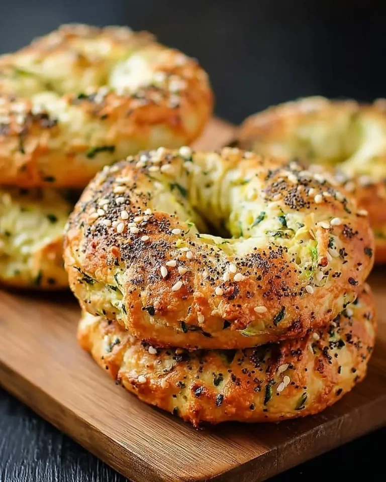 A stack of golden-brown zucchini bagels topped with poppy and sesame seeds on a wooden board, ready to be enjoyed.
