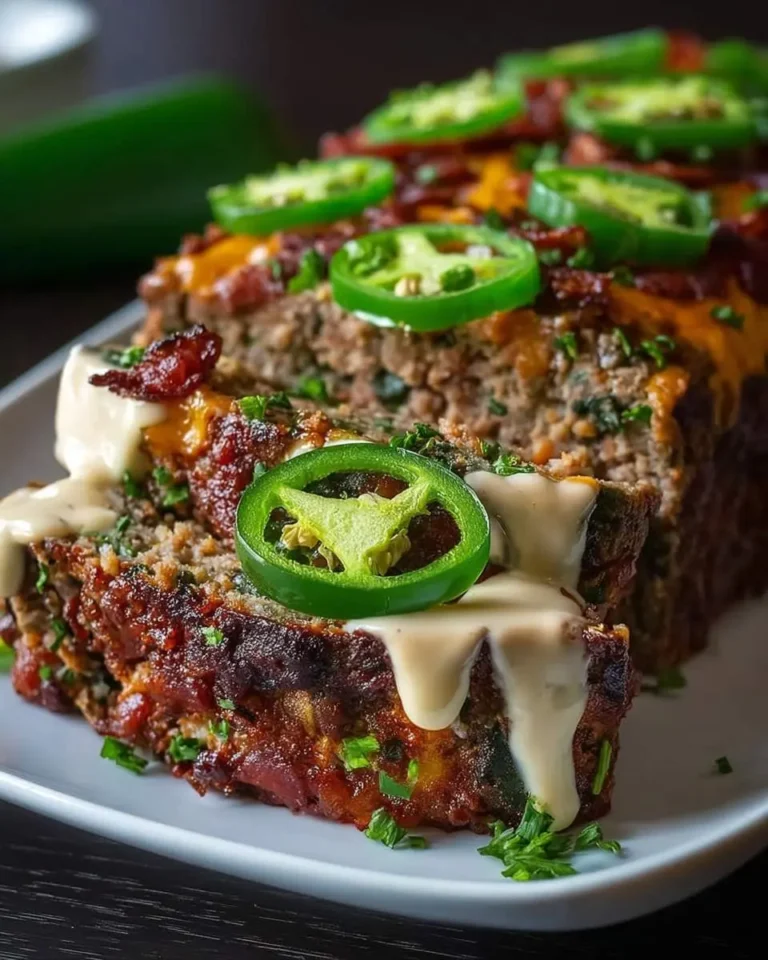 Slices of savory Jalapeño Popper Meatloaf topped with melted cheese, bacon, creamy sauce, and fresh jalapeño rings on a white plate.