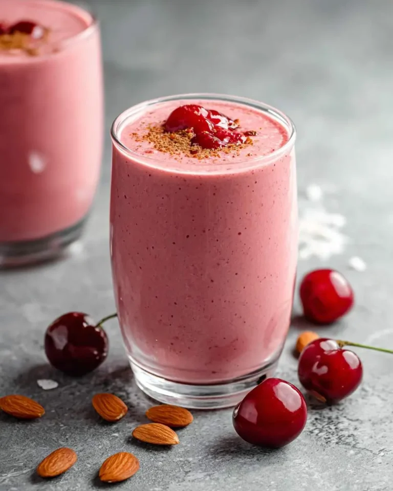 A vibrant almond cherry smoothie in a glass, garnished with fresh cherries and a sprinkle, surrounded by whole almonds.