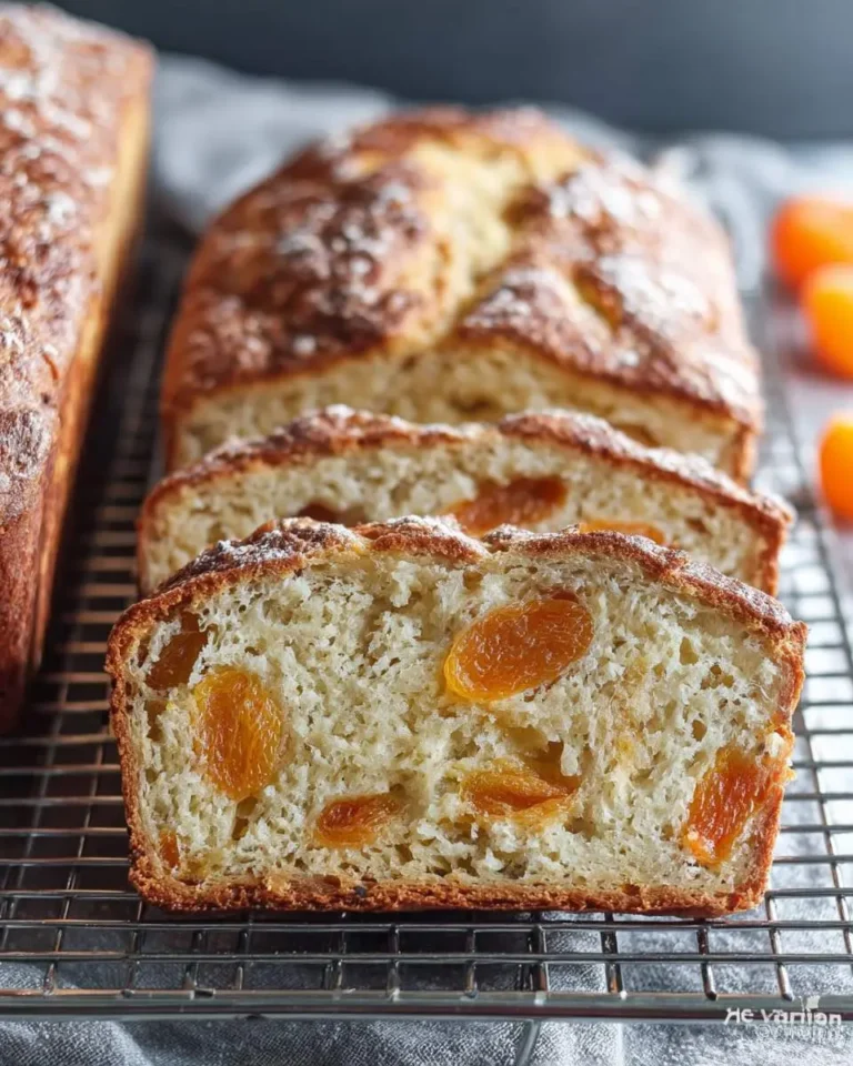 Slices of freshly baked apricot bread with a golden crust and visible dried apricot pieces on a wire cooling rack.