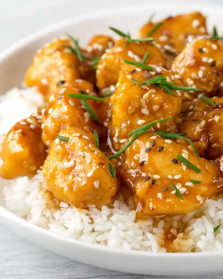 A close-up of delicious apricot chicken pieces coated in a sweet glaze, served over fluffy white rice, garnished with sesame seeds and chives.