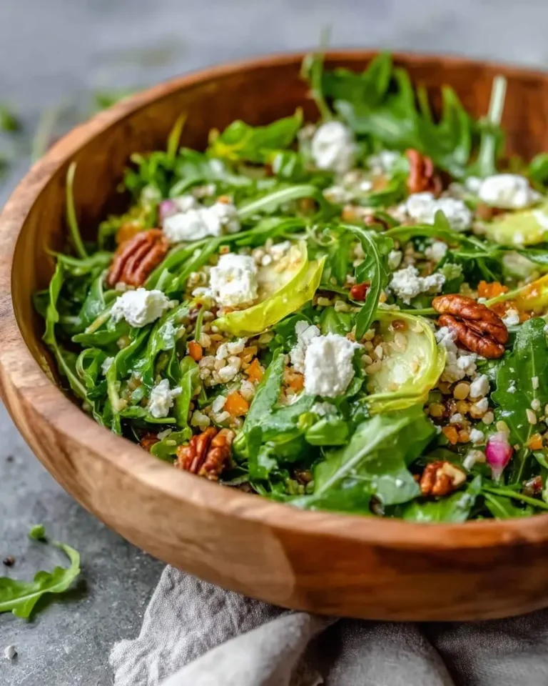 A vibrant Arugula Goat Cheese Salad in a wooden bowl, featuring fresh arugula, crumbled goat cheese, pecans, and grains.