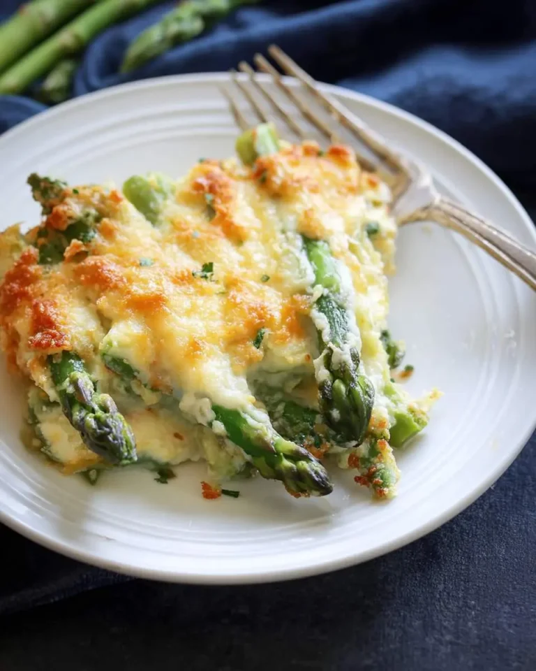 A slice of cheesy asparagus casserole with whole spears on a white plate, ready to be eaten with a fork.