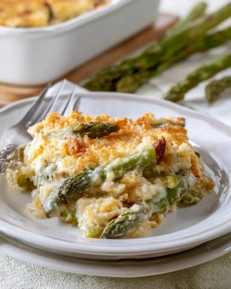 A tempting slice of creamy Asparagus Cracker Casserole, topped with golden breadcrumbs, served on a white plate.