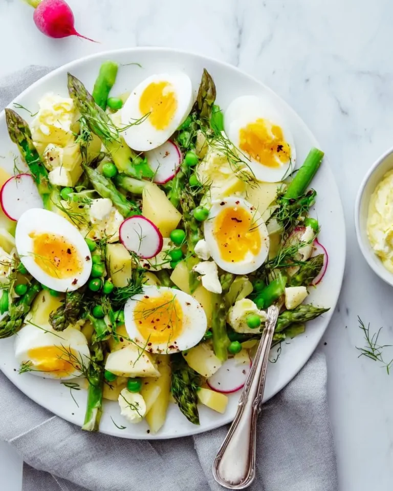 A vibrant asparagus egg salad on a white plate, featuring perfectly cooked eggs, tender asparagus spears, potatoes, radishes, and fresh dill.