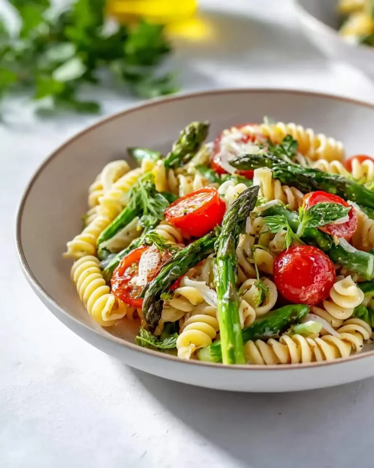 A close-up of a vibrant asparagus pasta salad in a white bowl, featuring fusilli pasta, fresh green asparagus spears, and red cherry tomatoes.