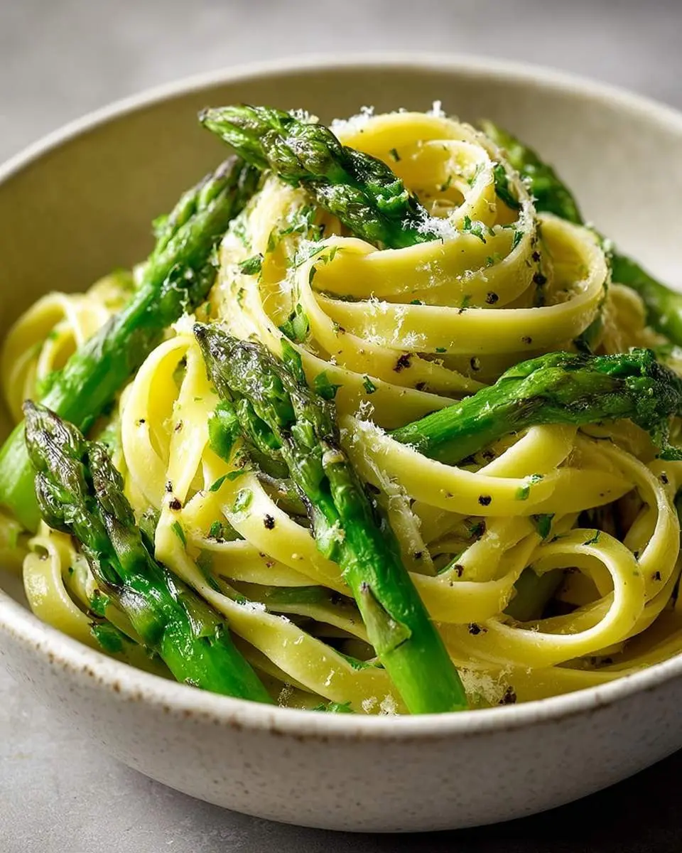 A close-up of a serving of fresh Asparagus Ribbon Pasta in a light bowl, garnished with grated cheese and fresh herbs.