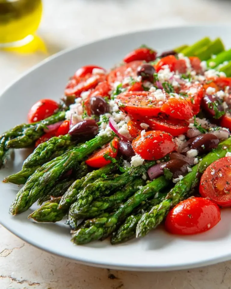 A vibrant Asparagus Tomato Salad with roasted green asparagus, halved cherry tomatoes, black olives, feta cheese, and red onions.