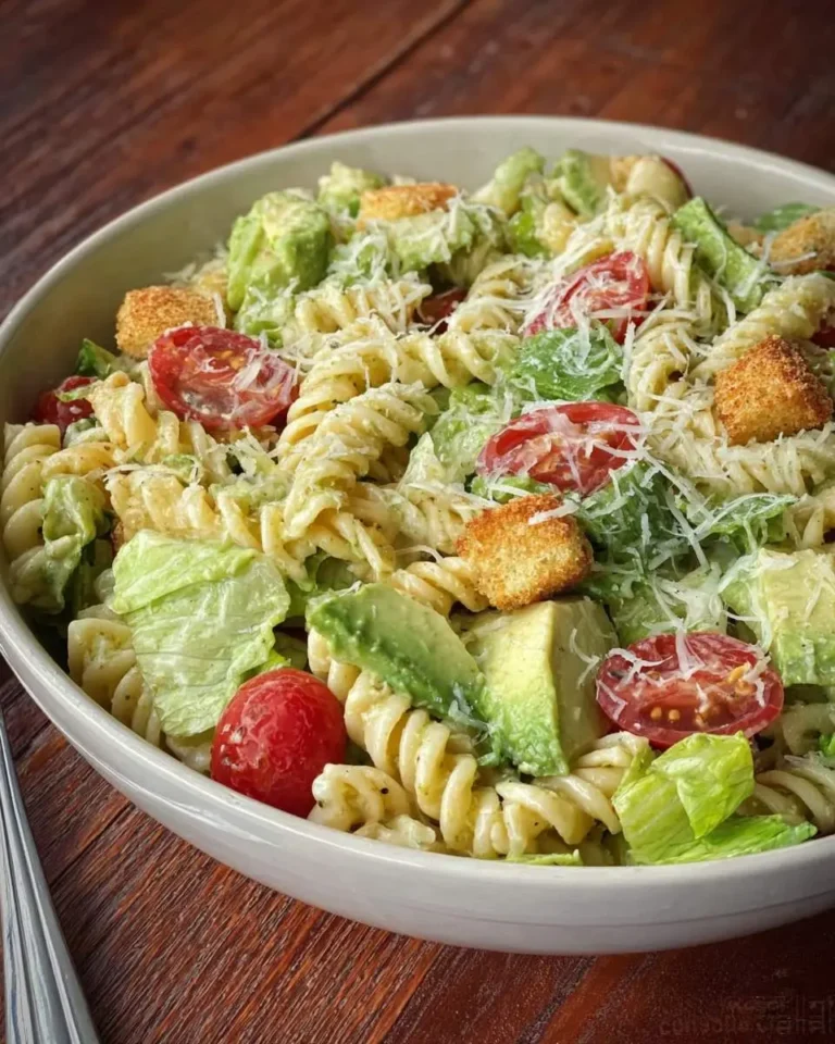 A close-up of a delicious Avocado Caesar Pasta Salad in a white bowl, garnished with cherry tomatoes, croutons, and grated cheese.