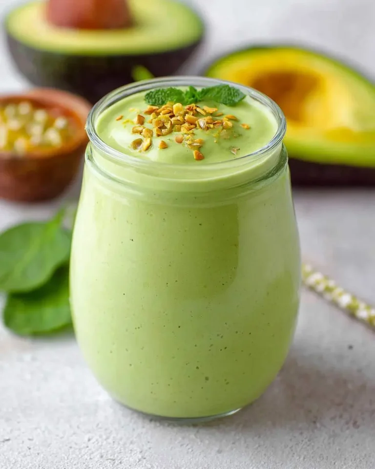 A vibrant green avocado smoothie in a clear glass, topped with crushed nuts and mint, with halved avocados and spinach in the background.