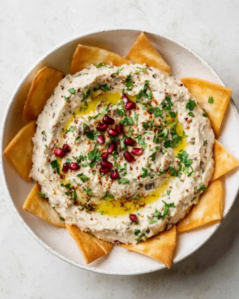 A creamy bowl of baba ganoush recipe, garnished with fresh parsley, pomegranate seeds, and a drizzle of olive oil, surrounded by toasted pita bread.
