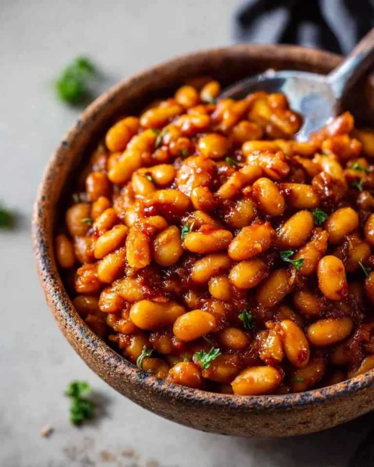 A rustic bowl filled with shiny, saucy baked beans, garnished with fresh herbs, with a spoon partly submerged. Perfect for a baked beans recipe.