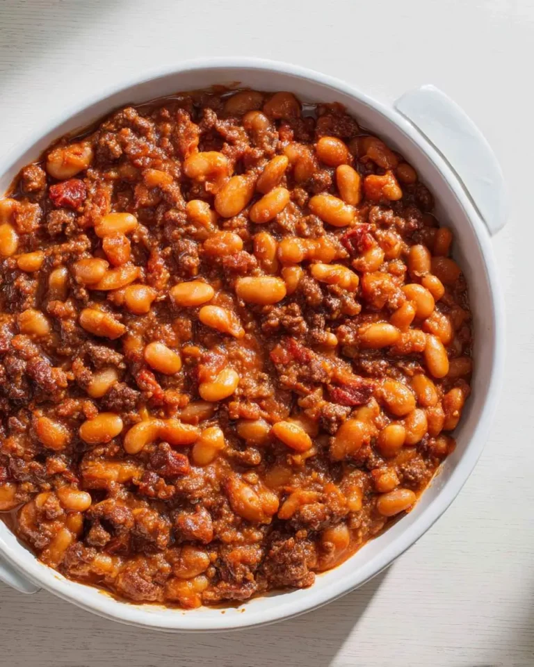 Overhead shot of a white baking dish filled with a savory baked beans recipe with ground beef, glistening in rich sauce.