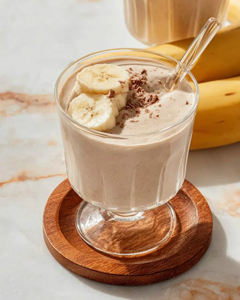 A creamy Banana Boat Smoothie topped with fresh banana slices and chocolate shavings, served in a glass on a wooden coaster.