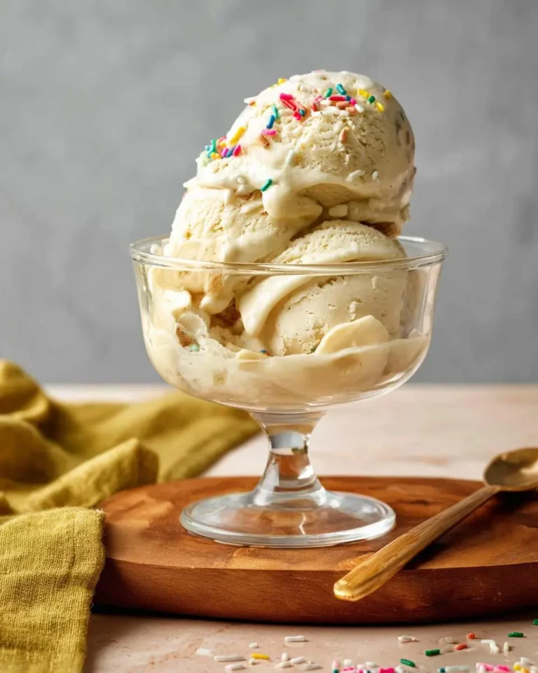 Three scoops of creamy banana ice cream topped with colorful sprinkles in a clear glass sundae dish on a wooden board.