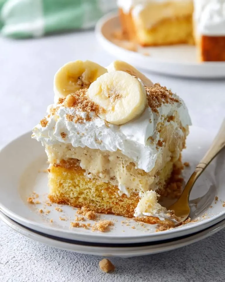 A delightful slice of banana poke cake on a white plate, topped with whipped cream, fresh banana slices, and crumbs, with a fork taking a bite.