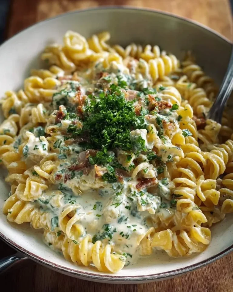 A close-up of a bowl of creamy Blue Cheese Pasta with fusilli, crispy bacon, and fresh parsley garnish.