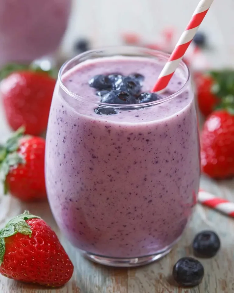 A glass of creamy blueberry and strawberry smoothie, topped with fresh blueberries and a red and white straw, surrounded by whole strawberries.