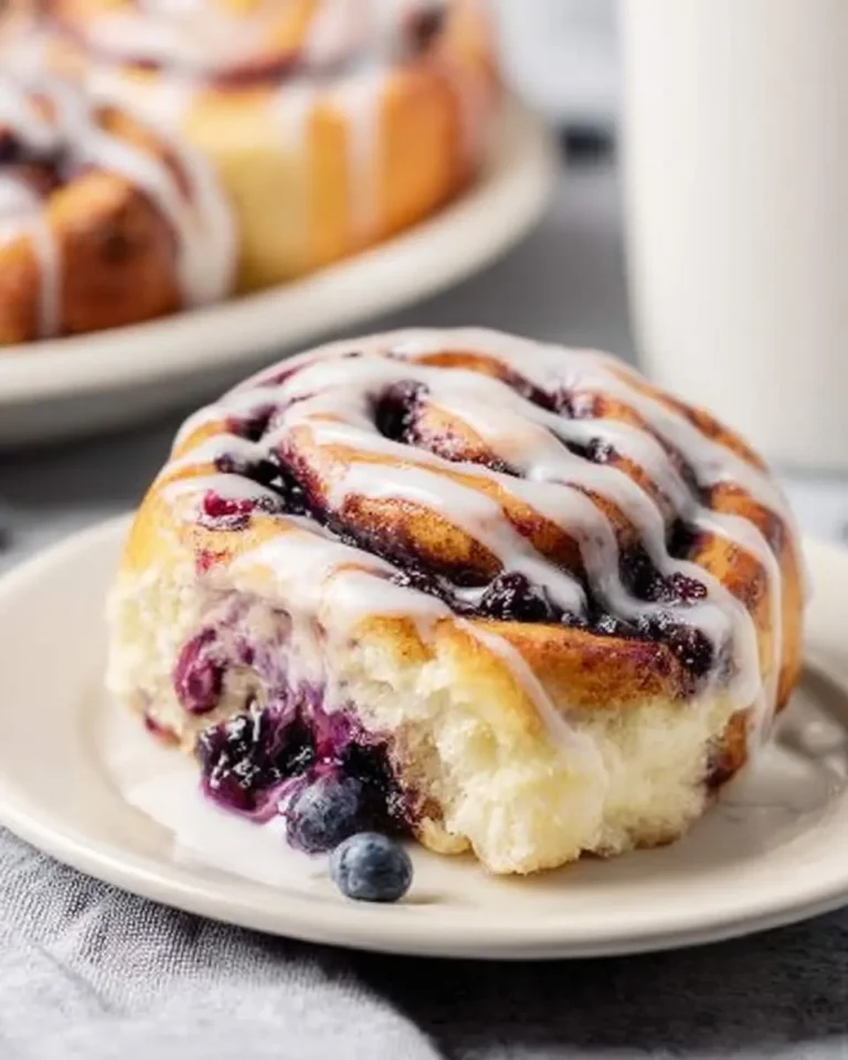A delicious blueberry cinnamon roll with white icing, a bite taken out, revealing blueberry filling, sits on a white plate with a loose blueberry.
