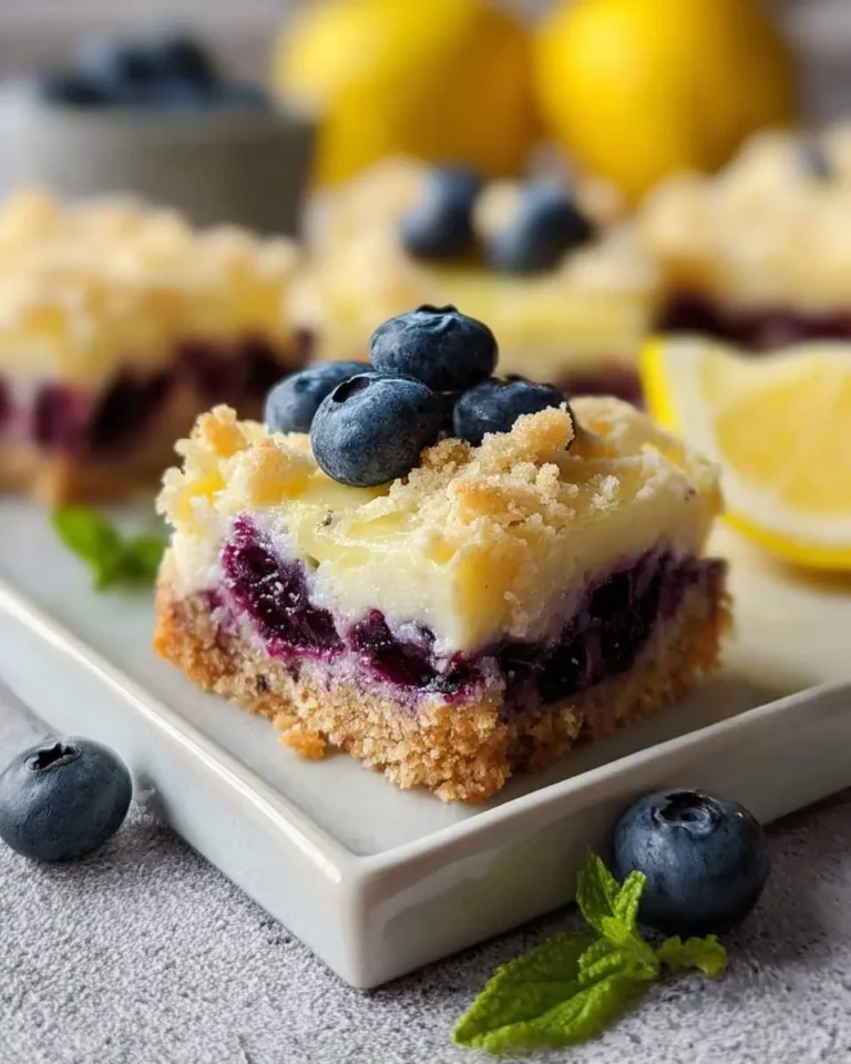 A tempting Blueberry Lemon Bar with a streusel topping, creamy lemon filling, and blueberry layer, garnished with blueberries.