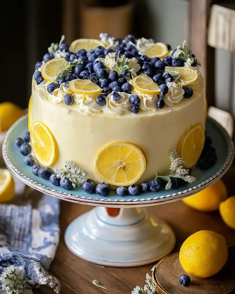 A vibrant blueberry lemon cake, frosted with light yellow icing and generously topped with fresh blueberries and lemon slices, presented on a decorative blue and white cake stand.