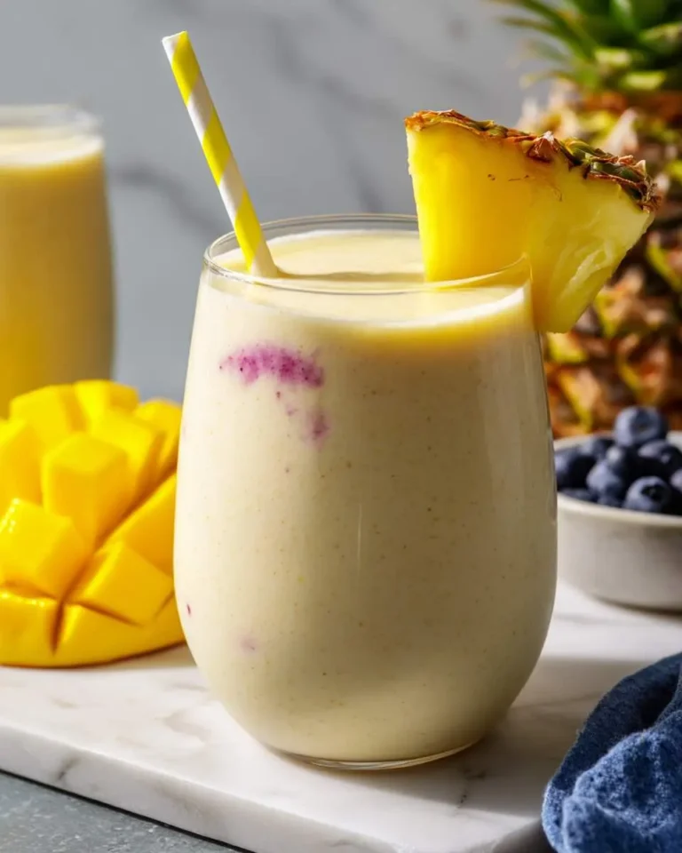 A creamy Blueberry Mango Smoothie in a glass with a striped straw and pineapple wedge, alongside fresh mango and blueberries.