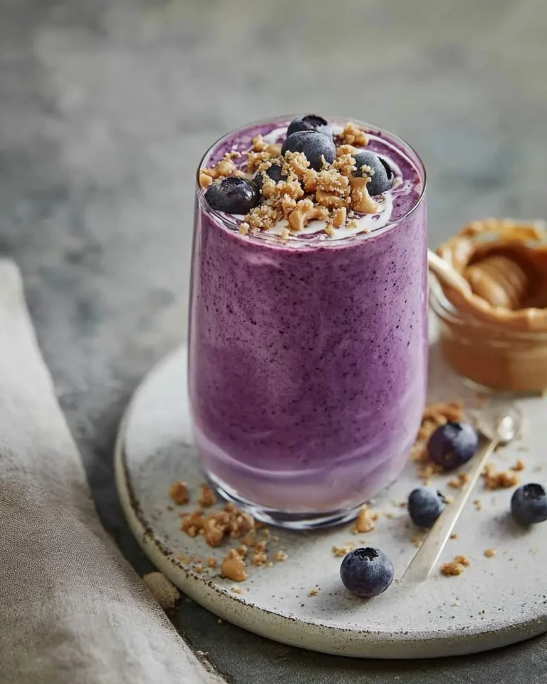 A tall glass of a vibrant purple blueberry peanut butter smoothie, topped with fresh blueberries and granola crumbs.