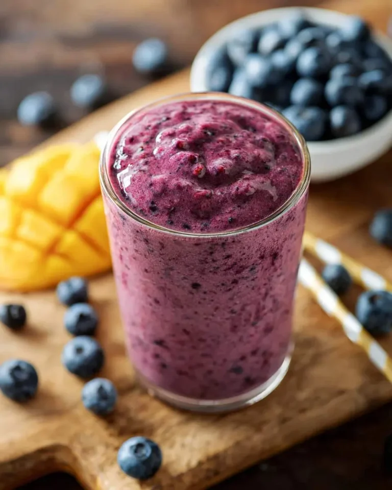 A refreshing purple blueberry smoothie in a glass, surrounded by fresh blueberries and a carved mango slice on a wooden board.