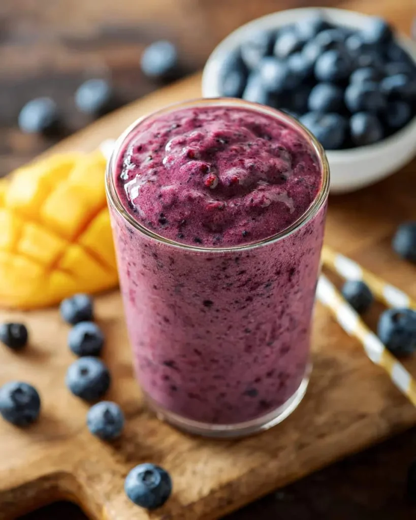 A refreshing purple blueberry smoothie in a glass, surrounded by fresh blueberries and a carved mango slice on a wooden board.