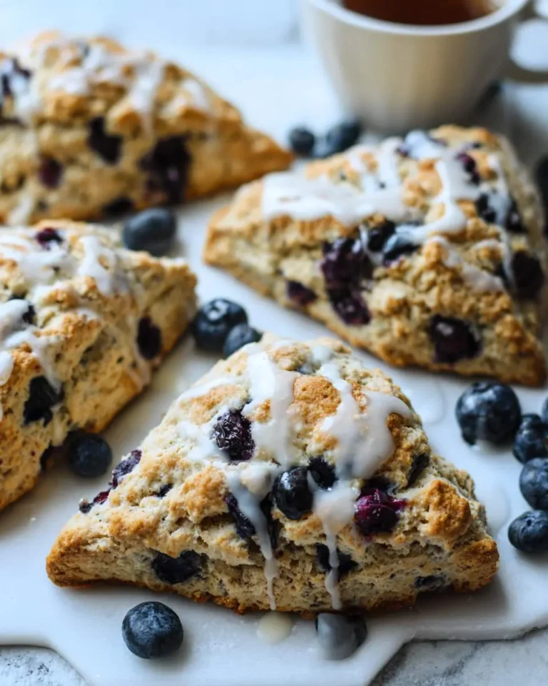Close-up of four freshly baked Blueberry Sourdough Scones, generously drizzled with white glaze and surrounded by fresh blueberries.