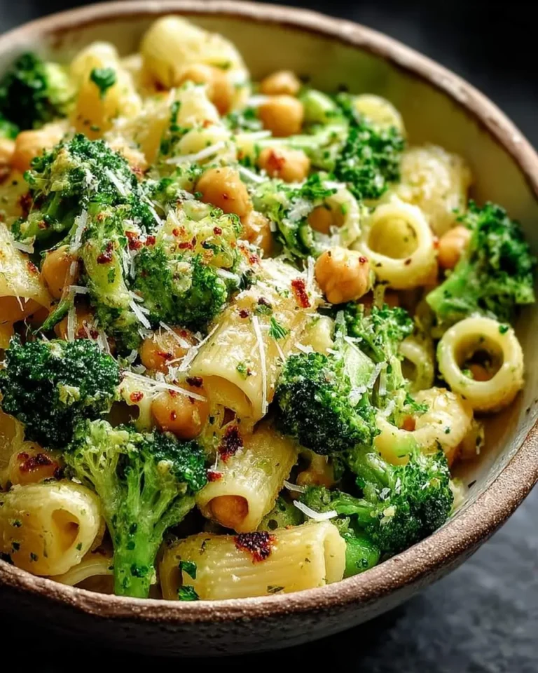 A close-up of a rustic bowl filled with vibrant Broccoli Chickpea Pasta with Garlic Olive Oil, topped with grated cheese and chili flakes.