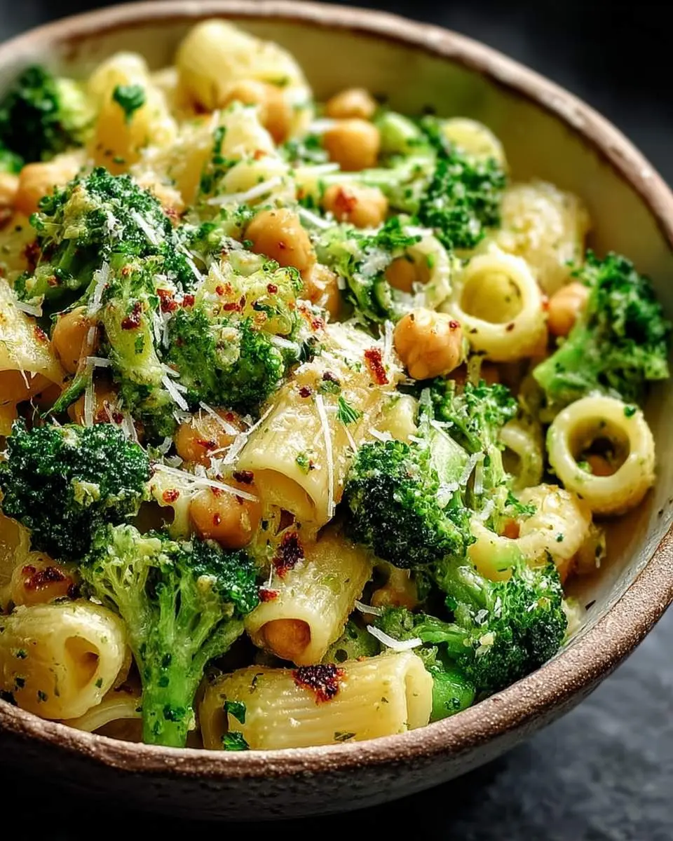 A close-up of a rustic bowl filled with vibrant Broccoli Chickpea Pasta with Garlic Olive Oil, topped with grated cheese and chili flakes.