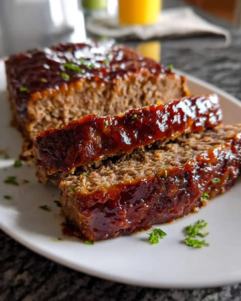 A delicious Brown Sugar Meatloaf, sliced and glazed, garnished with fresh parsley on a white plate.