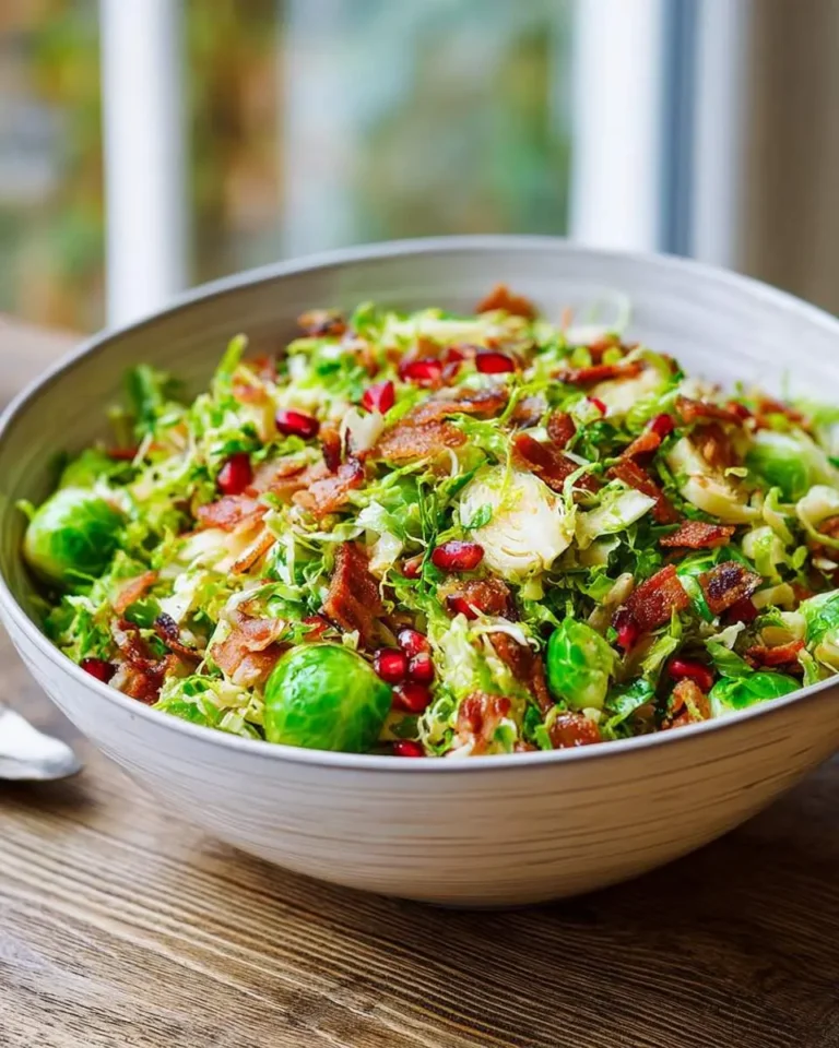 A vibrant brussel sprout salad in a large bowl, garnished with crispy bacon bits and bright red pomegranate seeds.