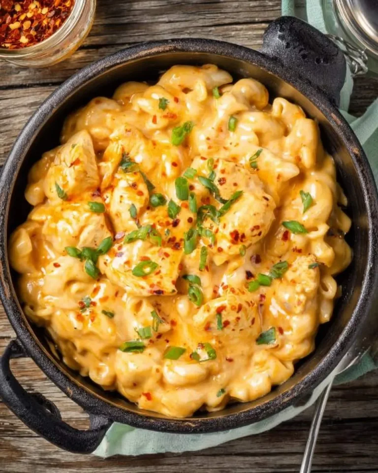 A top-down view of a black cast iron pot filled with creamy buffalo chicken mac and cheese, garnished with green onions and chili flakes.