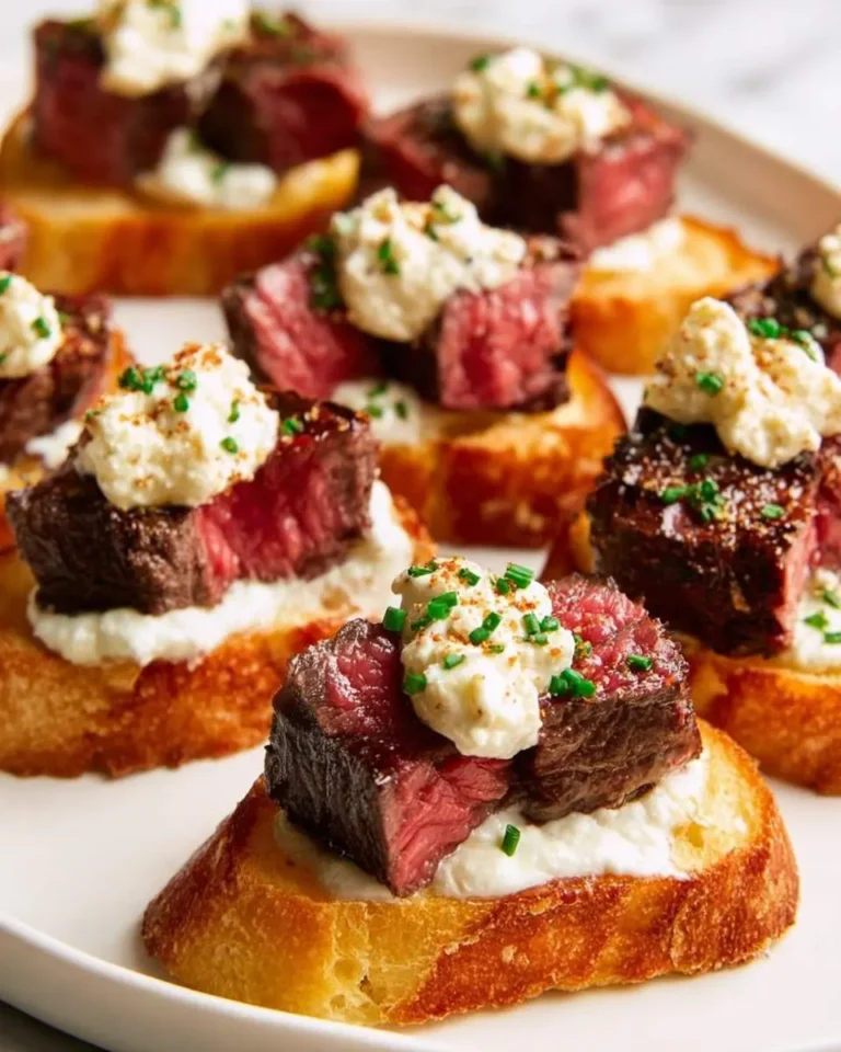 Close-up of numerous delicious Burrata Steak Crostini Appetizers arranged on a white plate, garnished with chives and paprika.